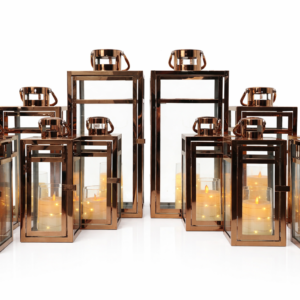Rose Gold Metal & Glass Lantern Set with LED Candles